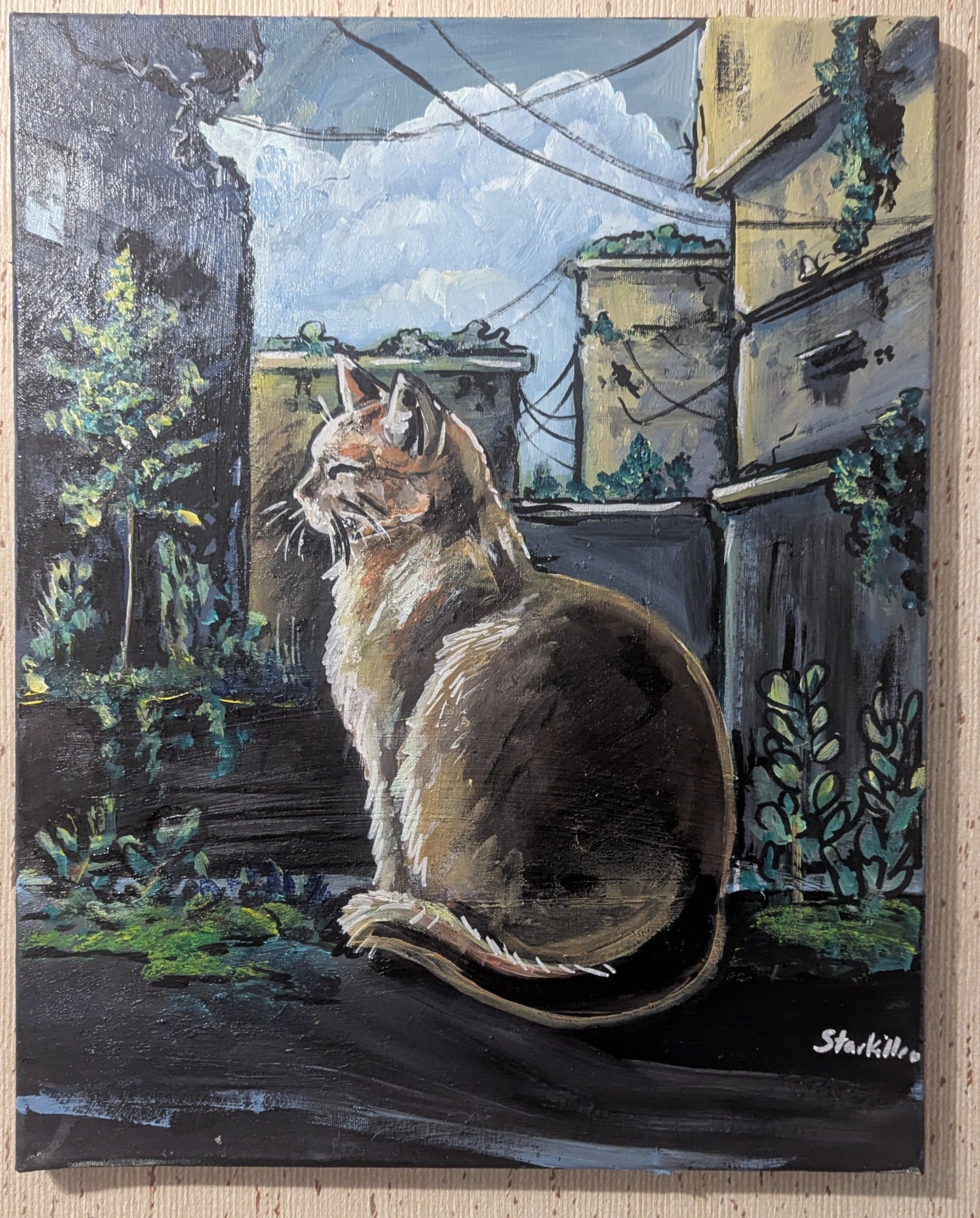 Painting of a cat sitting on a ledge with a cityscape background