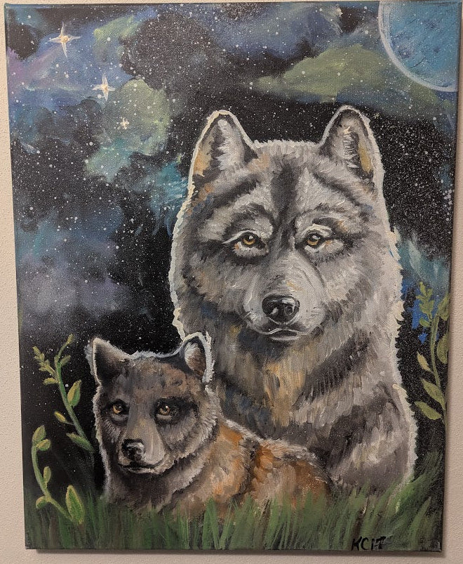 Painting of two wolves under a starry sky with a moon.