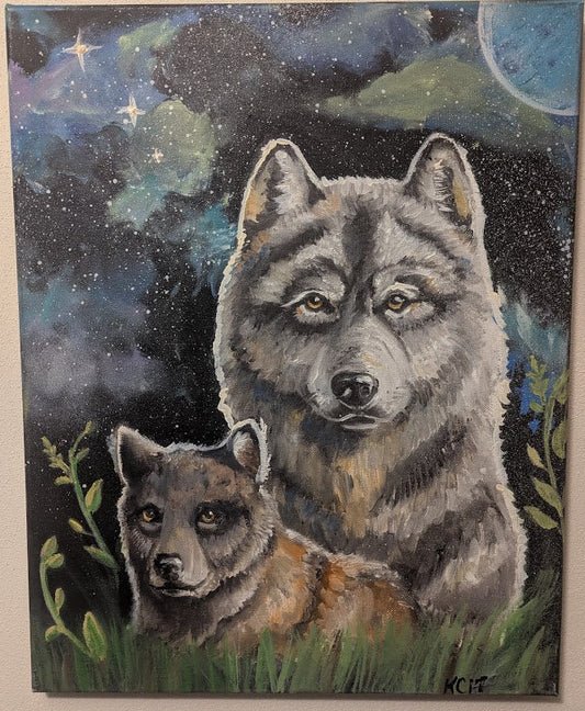 Painting of two wolves under a starry sky with a moon.
