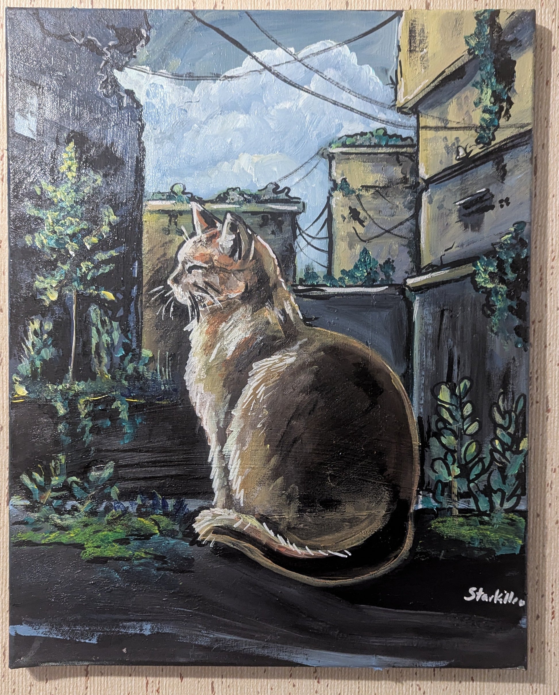 Painting of a cat sitting on a ledge with a cityscape background