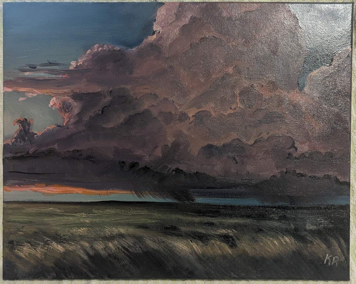 Painting of a landscape with clouds and a field on a textured surface.