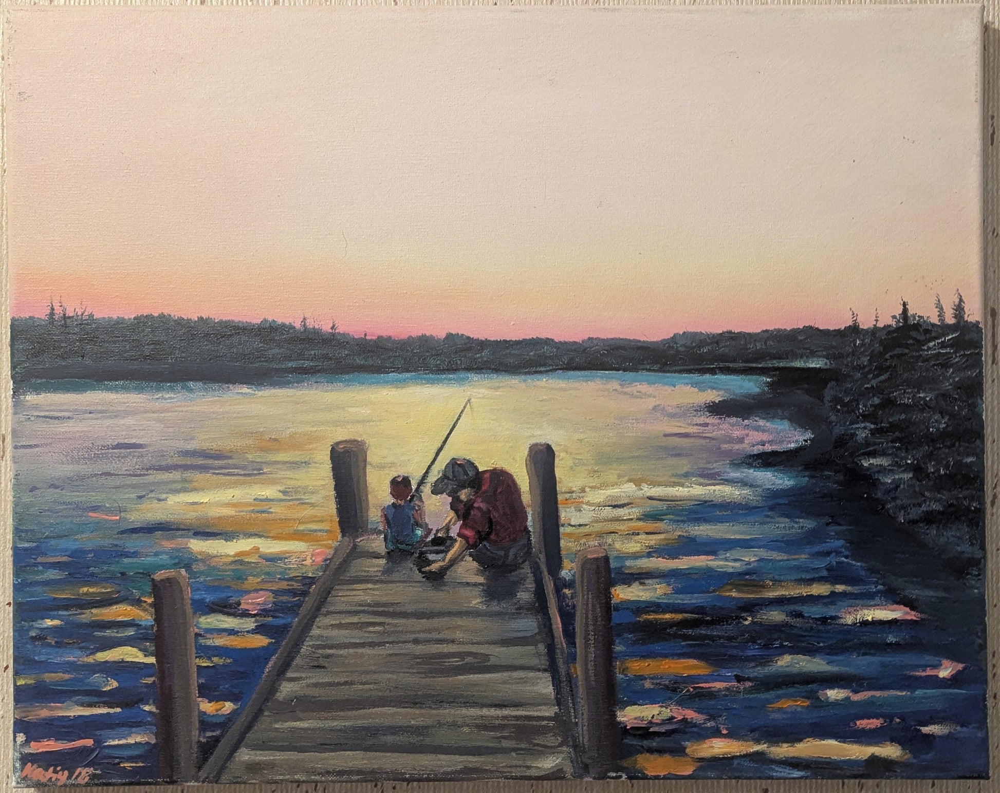 Painting of a dock scene with people fishing at sunset.