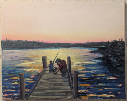 Painting of a dock scene with people fishing at sunset.