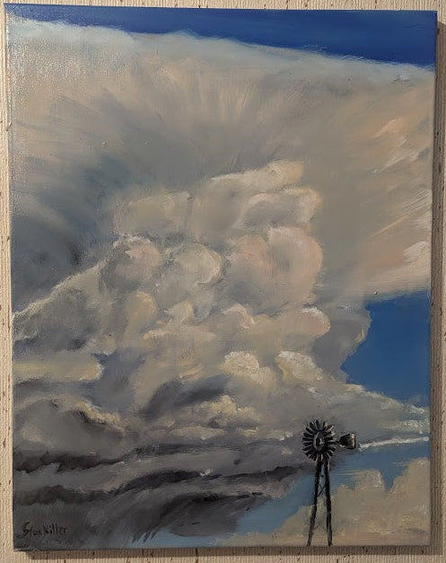 Painting of a windmill against a dramatic sky with clouds on a textured wall.