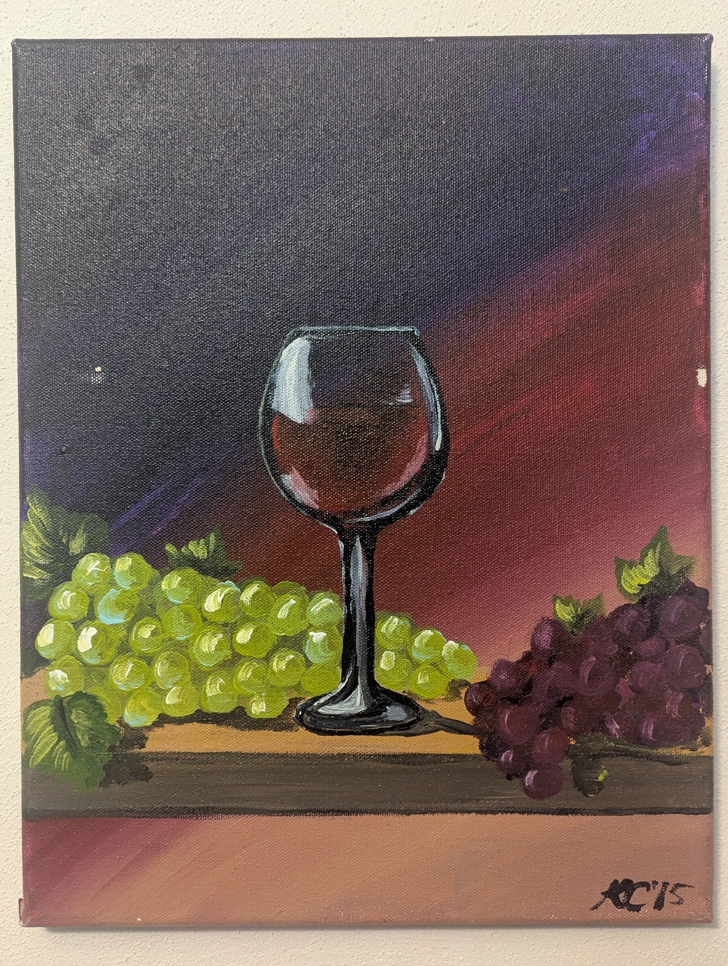 Painting of a wine glass with grapes on a dark background